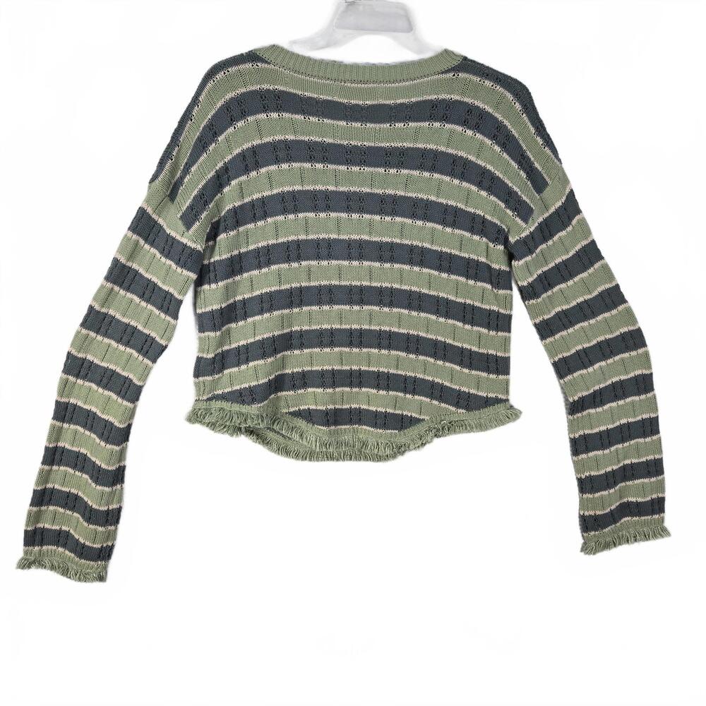Hem & Thread Green Blue Cream Striped Crop Knit Sweater Fringe Hem Cozy Preppy M - Picture 3 of 9